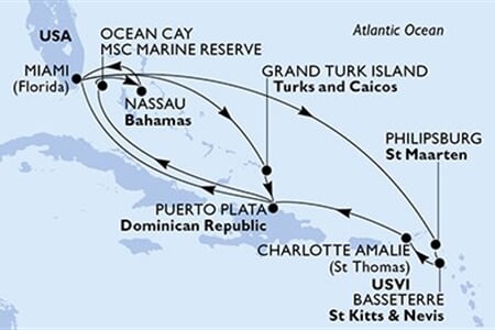 MSC SEASHORE - Amerikai Egyesült Államok, Holland Antillák, Saint Kitts és Nevis, Amerikai Egyesült Államok, Dominikai Köztársaság, ... (a Miami-ből)