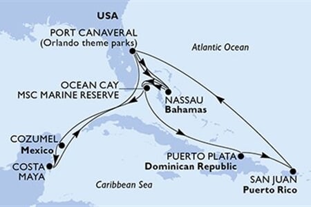 MSC GRANDIOSA - USA, Bahamy, Mexiko, Dominikán.rep., Portoriko (z Port Canaveralu)