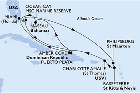 MSC SEASHORE - USA, Bahamy, Nizozemské Antily, Sv.Kryštof a Nevis, Panenské o. (americké), ... (z Miami)