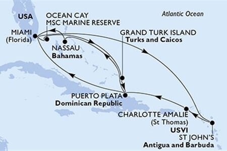 MSC SEASHORE - USA, Bahamy, Turks a Caicos, Dominikán.rep., Antigua a Barbuda, ... (z Miami)
