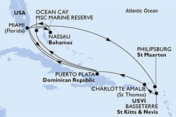 MSC SEASHORE - USA, Nizozemské Antily, Sv.Kryštof a Nevis, Panenské o. (americké), Dominikán.rep., ... (z Miami)