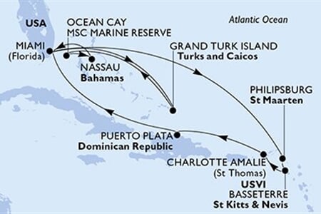 MSC SEASHORE - USA, Turks a Caicos, Bahamy, Nizozemské Antily, Sv.Kryštof a Nevis, ... (z Miami)