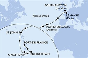 MSC Meraviglia - Velká Británie, Francie, Portugalsko, Antigua a Barbuda, Sv.Vincenc a Grenadiny, ... (ze Southamptonu)