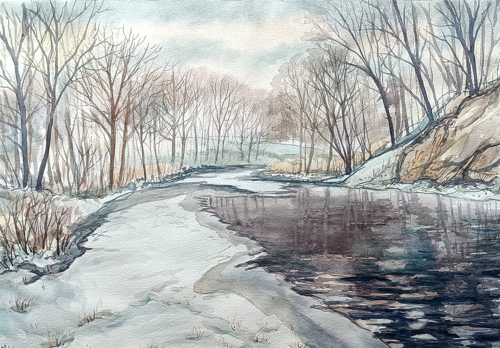 Blažena Niemcová : Vendryně, zimní Olza, 50 × 70 cm