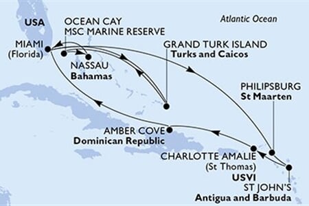 MSC SEASHORE - USA, Nizozemské Antily, Antigua a Barbuda, Panenské o. (americké), Dominikán.rep., ... (z Miami)