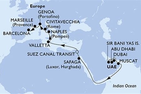MSC WORLD EUROPA - Egyesült Arab Emirátusok, Omán, Egyiptom, Málta, Olaszország, ... (a Dubaj-ból)