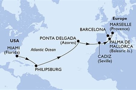 MSC SEASHORE - Amerikai Egyesült Államok, Holland Antillák, Portúgalia, Spanyolország, Franciaország (a Miami-ből)