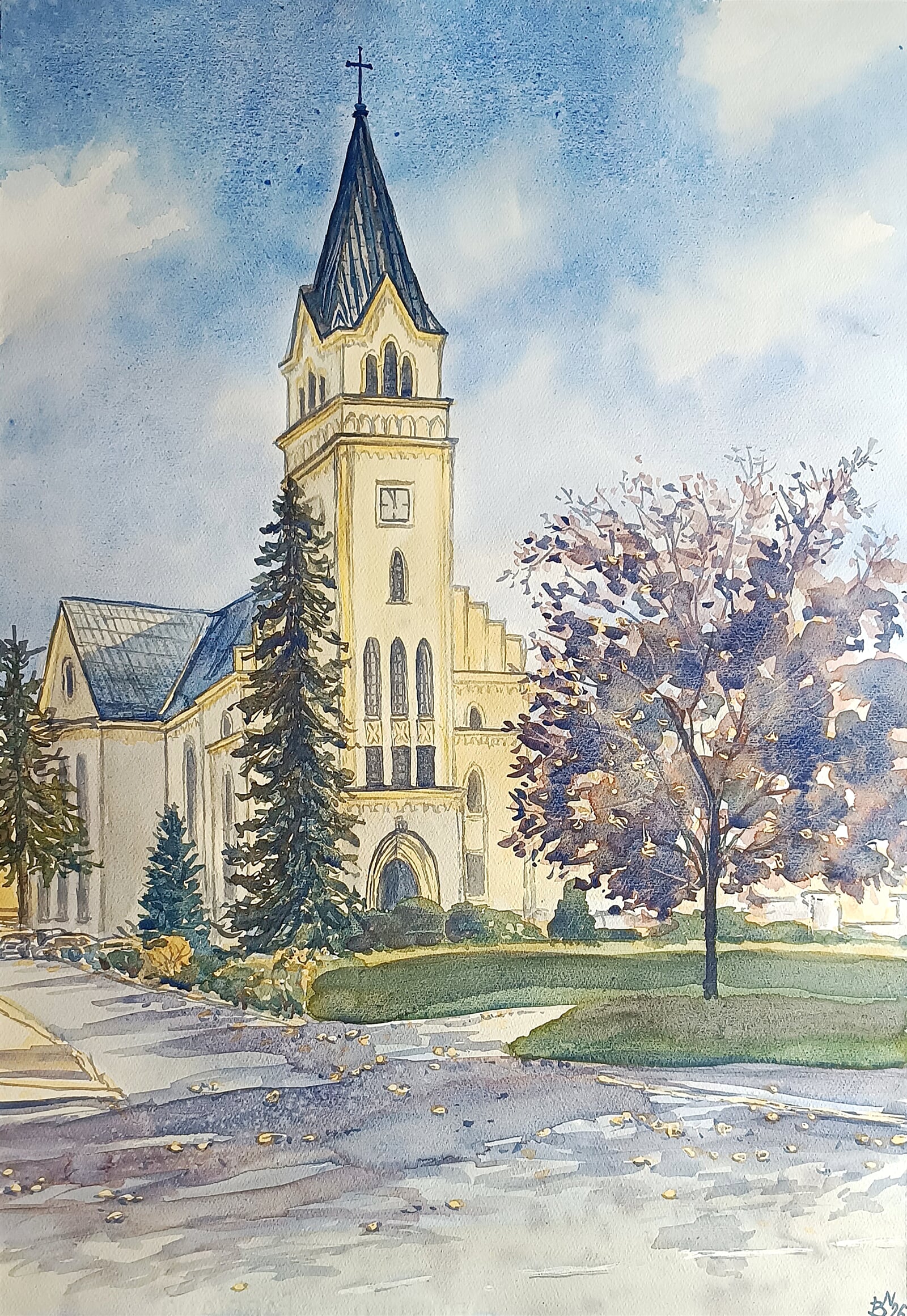 Blažena Niemcová : Český Těšín, evangelický kostel Nivy, 70 × 50 cm