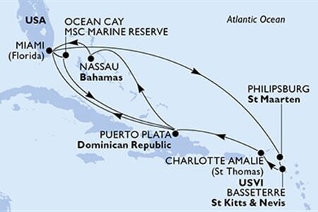 MSC SEASHORE - USA, Bahamy, Dominikán.rep., Nizozemské Antily, Sv.Kryštof a Nevis, ... (z Miami)