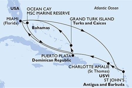 MSC SEASHORE - USA, Bahamy, Dominikán.rep., Turks a Caicos, Antigua a Barbuda, ... (z Miami)