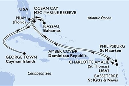 MSC SEASHORE - USA, Bahamy, Kajmanské o., Nizozemské Antily, Sv.Kryštof a Nevis, ... (z Miami)