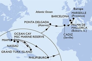 MSC SEASHORE - Amerikai Egyesült Államok, Turks- és Caicos-szigetek, Bahamaszigetek, Holland Antillák, Portúgalia, ... (a Miami-ből)
