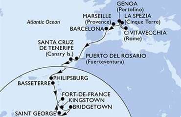 MSC World Europa - Itálie, Francie, Španělsko, Nizozemské Antily, Sv.Kryštof a Nevis, ... (z Janova)