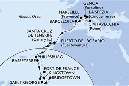 MSC World Europa - Itálie, Francie, Španělsko, Nizozemské Antily, Sv.Kryštof a Nevis, ... (z Janova)
