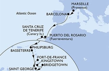 MSC World Europa - Francie, Španělsko, Nizozemské Antily, Sv.Kryštof a Nevis, Sv.Vincenc a Grenadiny, ... (z Marseille)