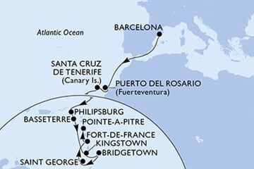 MSC WORLD EUROPA - Spanyolország, Holland Antillák, Saint Kitts és Nevis, Saint Vincentés és Grenadine, Barbados, ... (a Barcelona-ből)