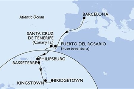 MSC WORLD EUROPA - Španělsko, Nizozemské Antily, Sv.Kryštof a Nevis, Sv.Vincenc a Grenadiny, Barbados (z Barcelony)