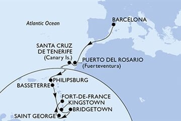 MSC WORLD EUROPA - Spanyolország, Holland Antillák, Saint Kitts és Nevis, Saint Vincentés és Grenadine, Barbados, ... (a Barcelona-ből)