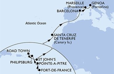 MSC World Europa - Martinik, Guadeloupe, Nizozemské Antily, Panenské o. (britské), Antigua a Barbuda, ... (Fort-de-France)