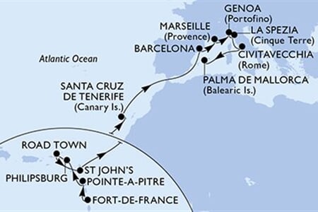 MSC WORLD EUROPA - Martinik, Guadeloupe, Nizozemské Antily, Panenské o. (britské), Antigua a Barbuda, ... (Fort-de-France)