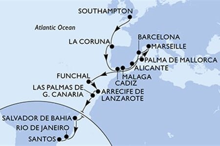 MSC VIRTUOSA - Nagy-Britannia, Spanyolország, Franciaország, Portúgalia, Brazília (a Southampton-ból)