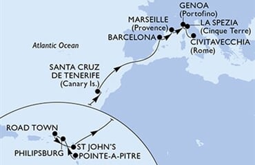 MSC World Europa - Guadeloupe, Nizozemské Antily, Panenské o. (britské), Antigua a Barbuda, Španělsko, ... (Pointe-a-Pitre)