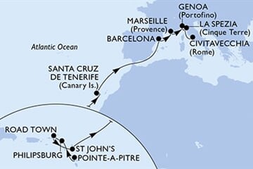 MSC WORLD EUROPA - Guadeloupe, Nizozemské Antily, Panenské o. (britské), Antigua a Barbuda, Španělsko, ... (Pointe-a-Pitre)