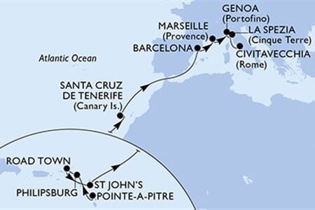 MSC WORLD EUROPA - Guadeloupe, Nizozemské Antily, Panenské o. (britské), Antigua a Barbuda, Španělsko, ... (Pointe-a-Pitre)