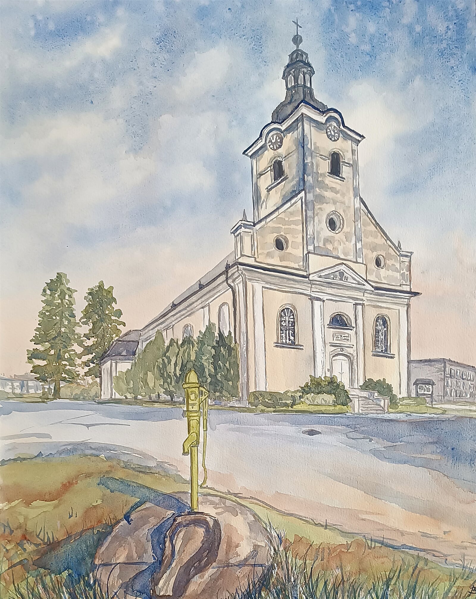 Blažena Niemcová: Evangelický kostel v Bludovicích, 50 × 40 cm
