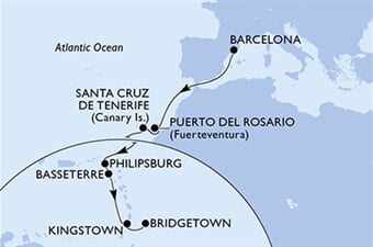 MSC World Europa - Španělsko, Nizozemské Antily, Sv.Kryštof a Nevis, Sv.Vincenc a Grenadiny, Barbados (z Barcelony)