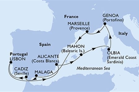MSC SINFONIA - Spanyolország, Olaszország, Franciaország, Portúgalia (az Alicante-ből)