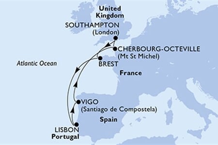 MSC MERAVIGLIA - Nagy-Britannia, Franciaország, Portúgalia, Spanyolország (a Southampton-ból)