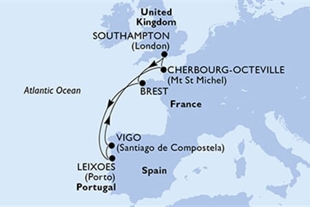 MSC MERAVIGLIA - Velká Británie, Francie, Portugalsko, Španělsko (ze Southamptonu)