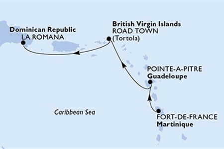MSC Opera - Martinik, Guadeloupe, Panenské o. (britské), Dominikán.rep. (Fort-de-France)