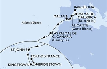 MSC World Asia - Španělsko, Antigua a Barbuda, Sv.Vincenc a Grenadiny, Barbados, Martinik (z Barcelony)