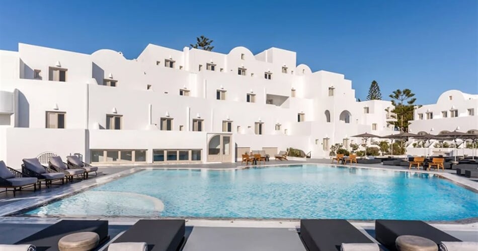 Hotel Santorini Palace: fotografie vybavení exteriérů a interiérů ubytování.