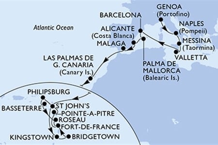 MSC World Asia - Itálie, Malta, Španělsko, Antigua a Barbuda, Sv.Vincenc a Grenadiny, ... (z Janova)