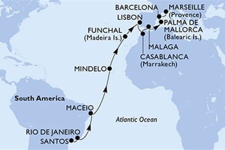 MSC SEAVIEW - Brazília, Zöld-Fok, Portúgalia, Marokkó, Spanyolország, ... (a Santos-ból)