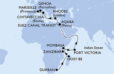 MSC Sinfonia - Jihoafrická r., Madagaskar, Tanzánie, Keňa, Seychely, ... (Durban)