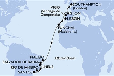 MSC MERAVIGLIA - Nagy-Britannia, Spanyolország, Portúgalia, Brazília (a Southampton-ból)