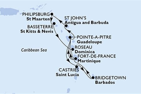 MSC World Asia - Barbados, Martinik, Guadeloupe, Antigua a Barbuda, Nizozemské Antily, ... (Bridgetown)