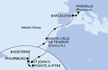 MSC World Europa - Guadeloupe, Nizozemské Antily, Sv.Kryštof a Nevis, Antigua a Barbuda, Španělsko, ... (Pointe-a-Pitre)