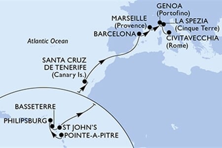 MSC WORLD EUROPA - Guadeloupe, Nizozemské Antily, Sv.Kryštof a Nevis, Antigua a Barbuda, Španělsko, ... (Pointe-a-Pitre)