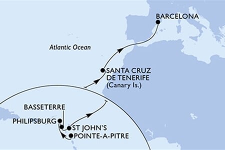 MSC WORLD EUROPA - Guadeloupe, Nizozemské Antily, Sv.Kryštof a Nevis, Antigua a Barbuda, Španělsko (Pointe-a-Pitre)
