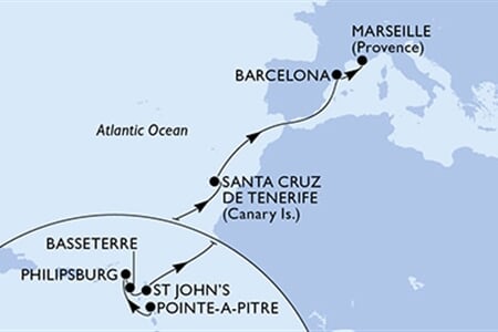 MSC WORLD EUROPA - Guadeloupe, Nizozemské Antily, Sv.Kryštof a Nevis, Antigua a Barbuda, Španělsko, ... (Pointe-a-Pitre)