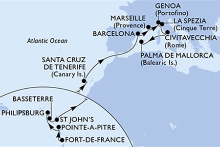 MSC WORLD EUROPA - Martinik, Guadeloupe, Nizozemské Antily, Sv.Kryštof a Nevis, Antigua a Barbuda, ... (Fort-de-France)