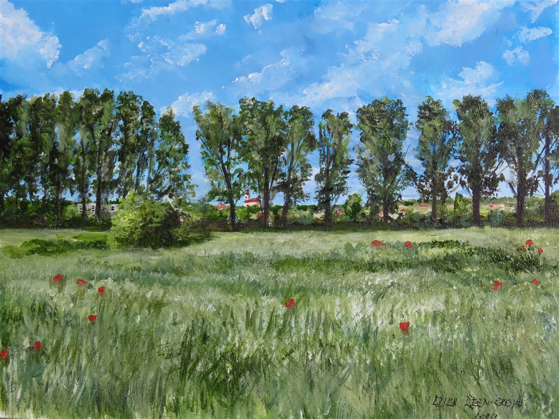 Erika Řezníčková – Kostel sv. Štěpána od řeky Jevišovky (50×40 cm)