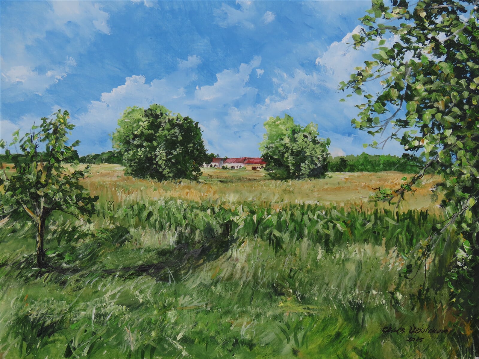 Erika Řezníčková: Pohled na Hrušovany od řeky Jevišovky, 40 × 50 cm