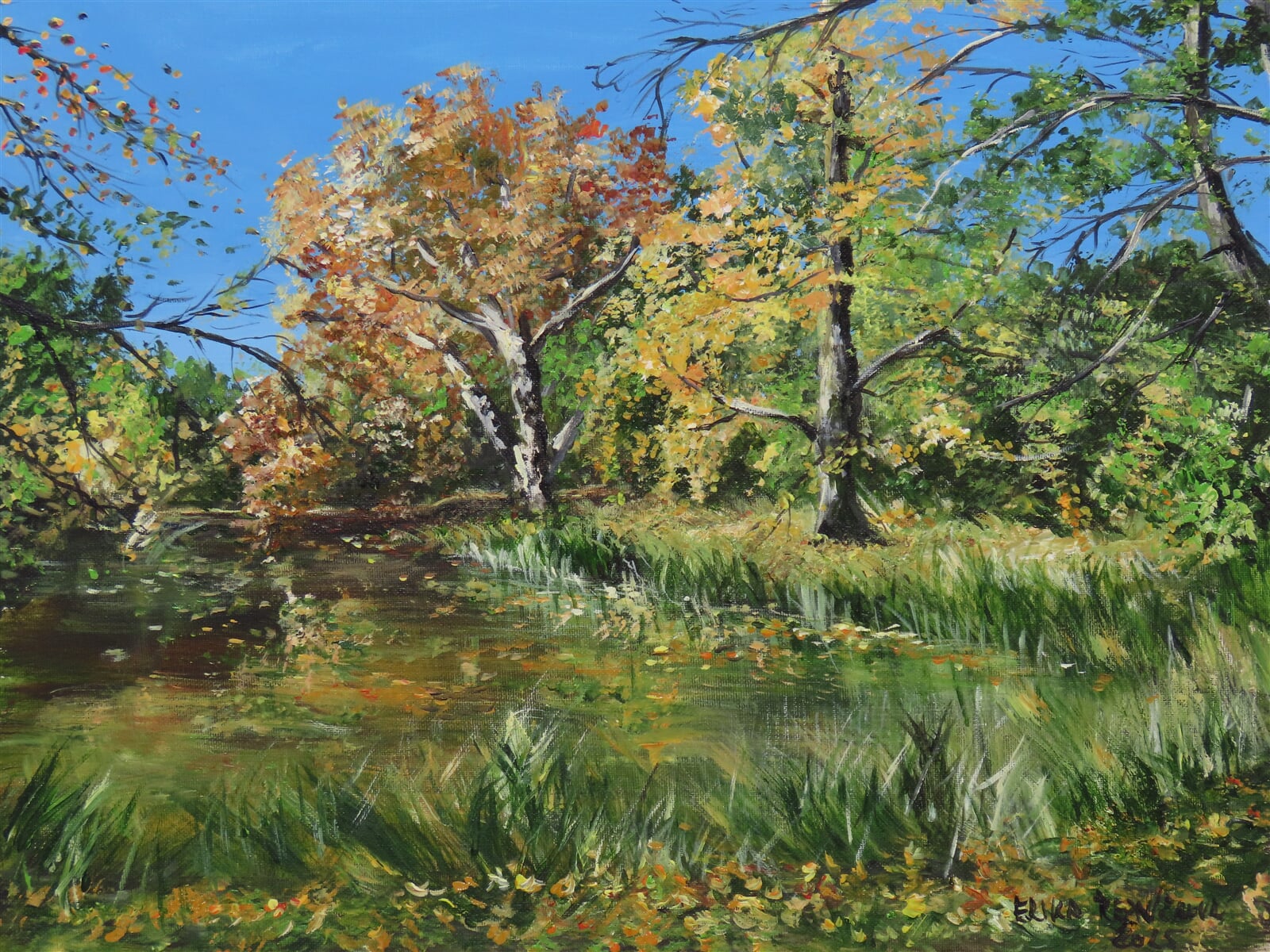 Erika Řezníčková: Rybník za DPS na podzim, 40 × 50 cm