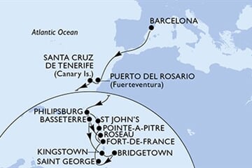 MSC World Europa - Španělsko, Nizozemské Antily, Sv.Kryštof a Nevis, Sv.Vincenc a Grenadiny, Barbados, ... (z Barcelony)